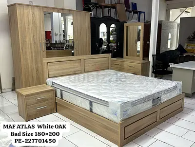 White Oak King Bed Set with Headboard, Wardrobe  Nightstands (180x200)