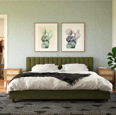 Green Upholstered King Bed with Headboard and Side Tables