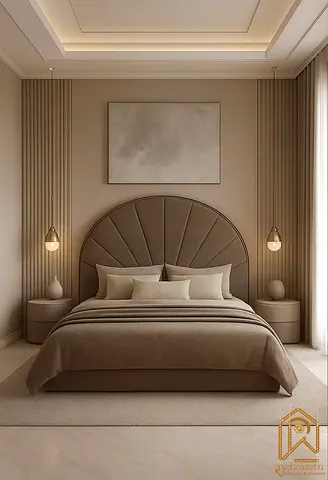 Minimalist upholstered double bed with curved headboard in beige