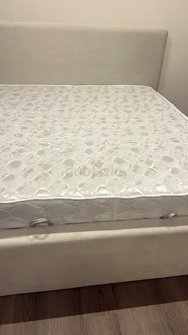 Queen Size Mattress with Beige Upholstered Bed Base - Good Condition