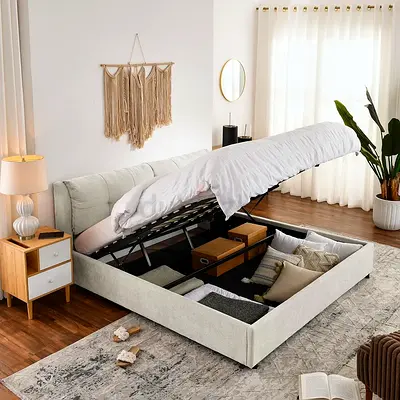 Splited soft pillow headboard king size lift up storage bed