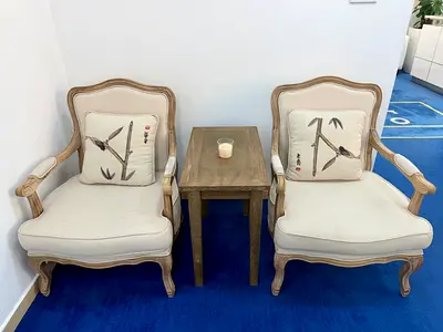 Pair of Beige Cream Linen Accent Armchairs and Triple Sofa with Side Table - Classic French Style
