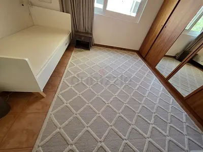Light grey geometric trellis area rug — good condition