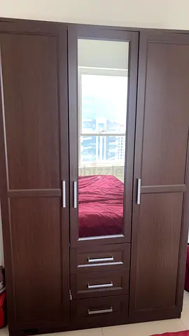Dark Wood 3-Door Wardrobe with Mirror and Drawers - excellent
