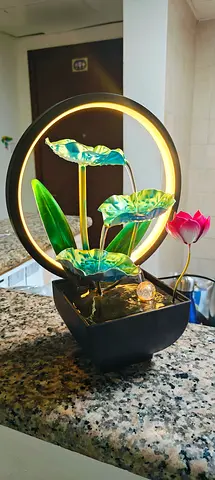 Decorative Indoor Water Fountain with LED Ring and Lotus Accents
