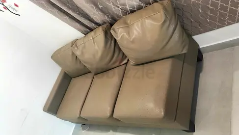 3-Seater Beige Leather Sofa - Good Condition