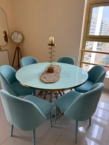 Round Glass Dining Table with 6 Light Blue Velvet Chairs - Excellent Condition