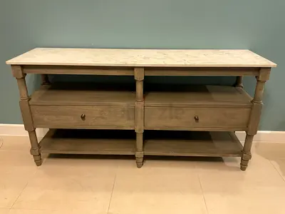Pottery Barn Wooden Console Table with Marble Top and Drawers