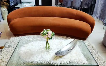 Curved Orange Velvet Sofa - Modern 4-Seater