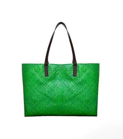 Green Woven Tote Bag with Brown Leather Handles