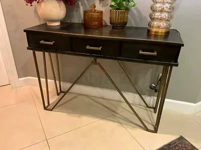 Metal Frame Console Table with Three Drawers - Black Top, Brass Finish Legs