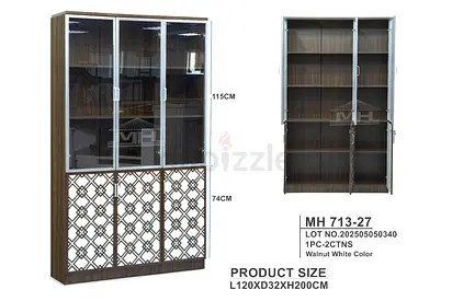Walnut 2‑Door Display Cabinet with Patterned Lower Doors (120x32x200cm)