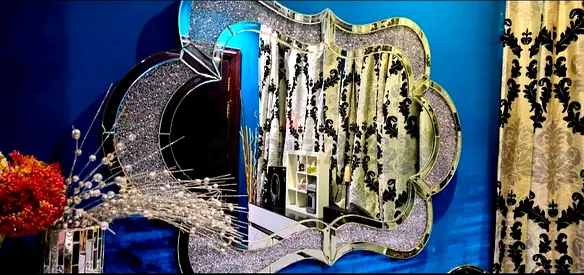 Large Decorative Crystal-Studded Wall Mirror — Floral Scalloped Frame