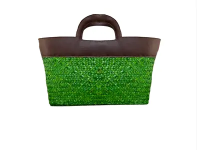 Green Woven Straw Tote Bag with Brown Leather Trim and Handles