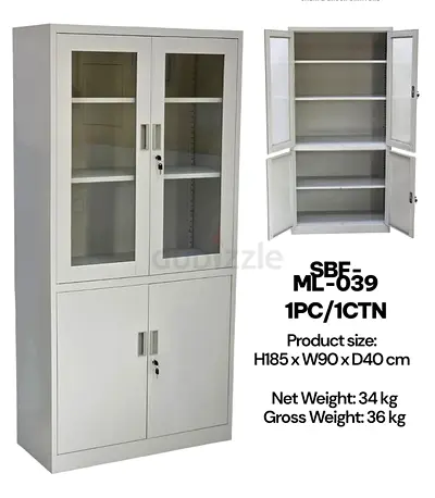 Metal Storage Cabinet with Glass Upper Doors - 185cm H x 90cm W x 40cm D