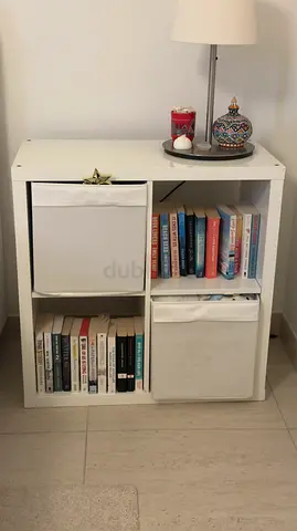 3 x Small white 4-cube bookshelf with fabric bins and mixed paperback books