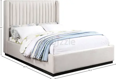 Beige Upholstered King Bed with Tall Channel Headboard - Modern Design
