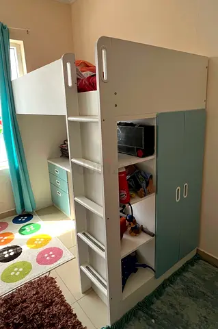 White ikea Bunk Bed with Built-in Desk and Shelving and cupboard — Good Condition