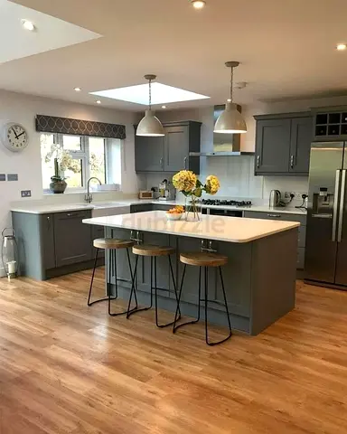 Modern Grey Kitchen Island with Bar Stools – Complete Kitchen Setup