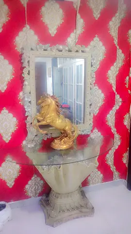 Glass Top Console Table with Decorative Mirror and Horse Statue