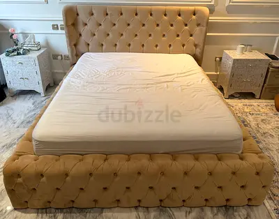 Custom Beige Tufted storage ottoman  queen Bed Frame, Headboard and mattress (support not inclu