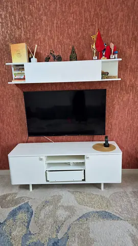 White TV Stand and Wall Shelf Set - Modern Minimalist Entertainment Unit