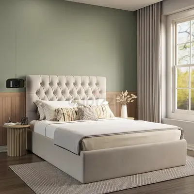 Upholstered King Bed with Tufted Headboard - Light Beige