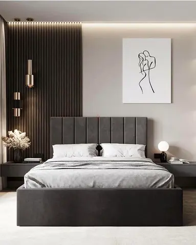 Grey Upholstered Double Bed with Headboard - Modern Design