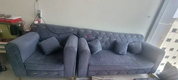 Blue Velvet 3-Seater Sofa and Matching Armchair Set - Good Condition (Small one for free).