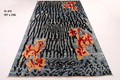 3x2m Afghan Blue Modern Floral Abstract Rug wool carpet, approx 197x296 cm