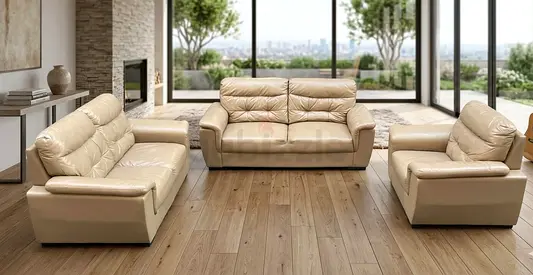 Beige Leather 3-Piece Sofa Set — 3-Seater, 2-Seater and Armchair