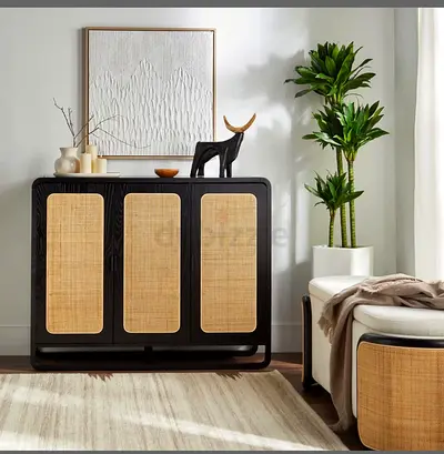 Rattan-Front Black Wooden Cabinet / Sideboard - 3 Doors