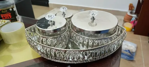 Decorative Silver-Plated Serving Tray with Three Lidded Canisters