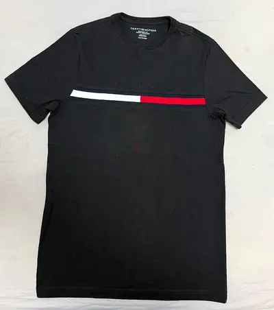 Tommy Hilfiger Black Crew Neck T-Shirt with Chest Stripe - Men’s XS
