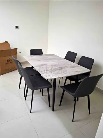 Modern Marble-Top Dining Table with 6 Grey Chairs - Excellent Condition