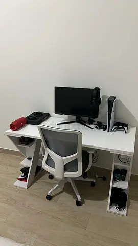 White Corner Computer Desk with Ergonomic Chair