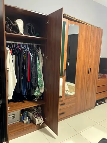Wooden 6-Door Wardrobe with Mirror and Drawers - Good Condition