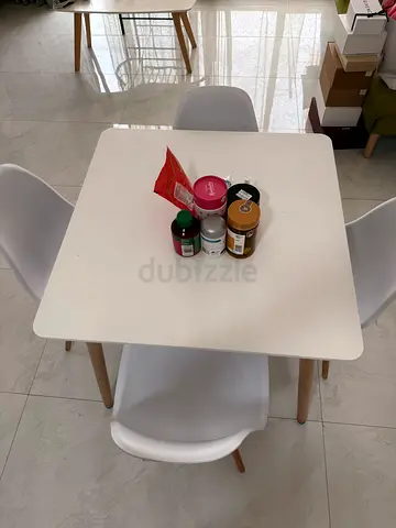 Small White Dining Table with 4 Modern Chairs (Scandinavian Style) + coffee table + iron + toaster