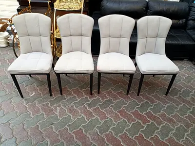 Set of 4 Upholstered Dining Chairs - Light Grey with Dark Wood Legs