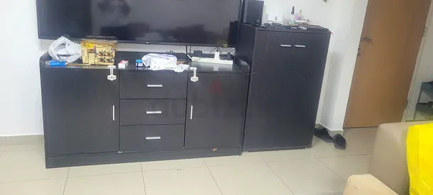 Dark Wood TV Entertainment Unit with Storage Cabinets and Drawers