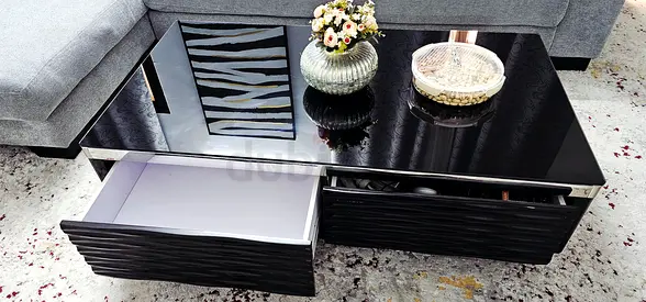 Modern Black Glass Coffee Table with Drawers — Good Condition