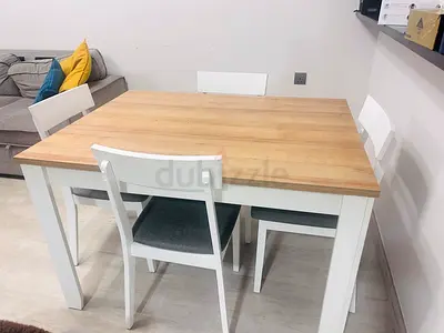 Wood Top White Frame Dining Table with 4 Chairs - Compact Set from