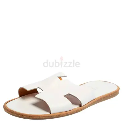 Authentic Hermes White Leather Izmir Flat Slides Size 43.5