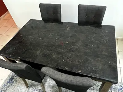 Solid Black Marble-Effect Dining Table with 4 Upholstered Chairs