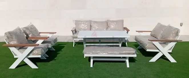 Outdoor Wooden Frame Sofa Set with Coffee Table and Ottoman - White