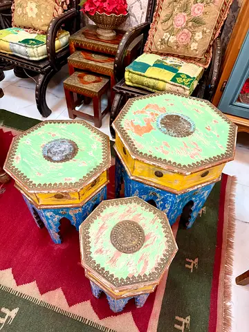 Marina Set of 3 Hand-Painted Octagonal Nesting Side Tables - Rustic Vintage Look
