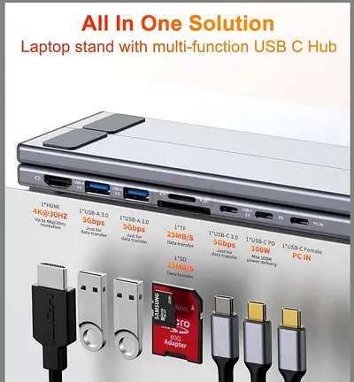 Laptop Stand With Built-in 7 in 1 Multifunctional Docking Station, 6Gear for height