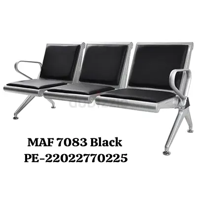 Three-Seater Metal Waiting Room Bench - Black Cushions