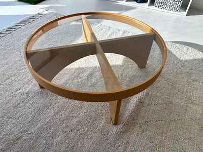Round Glass Top Coffee Table with Wooden Cross Base - Light Oak