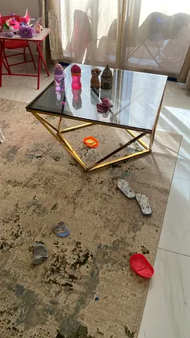 Glass Top Coffee Table with Gold Geometric Base - Good Condition